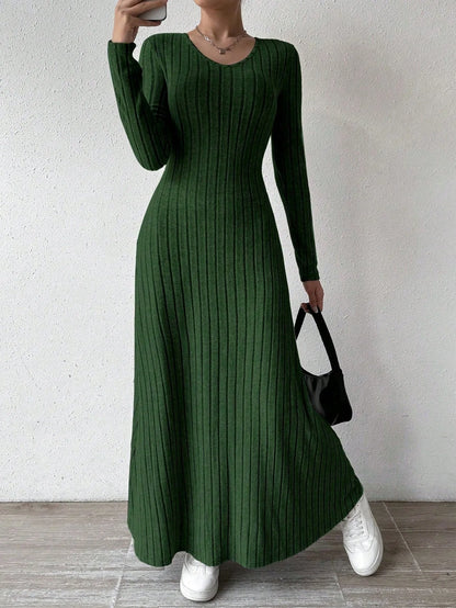 Women Knitted Elegant Winter Maxi Dress O Neck Long Sleeves