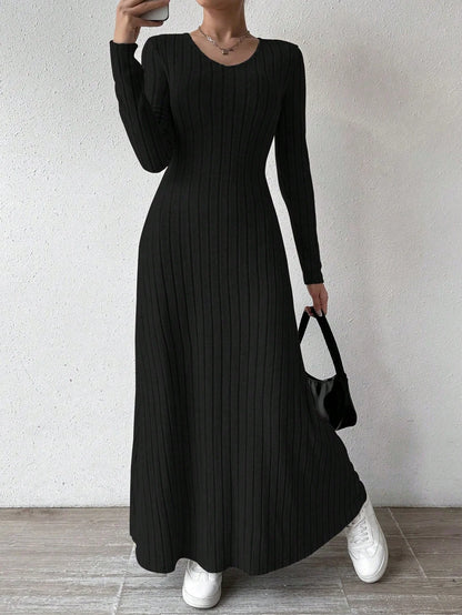 Women Knitted Elegant Winter Maxi Dress O Neck Long Sleeves