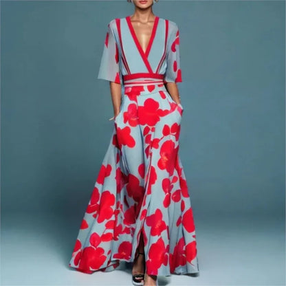 Elegant Women V Neck Belted Party Long Dress Sexy Printing A-Line