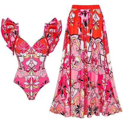 2-Piece Shoulder Ruffle Swimsuit With Cover Up Sexy Beachwear