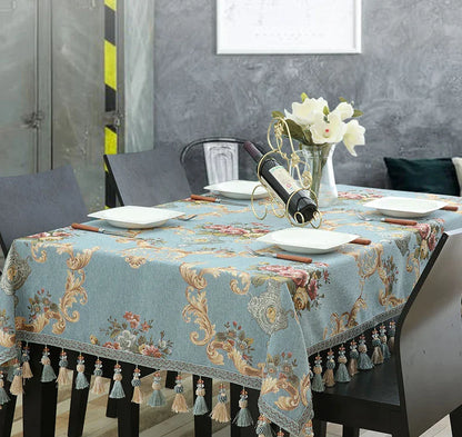 Luxury Jacquard Tablecloth with Tassel Pendant Chenille Fabric Rectangular Table Cover European Living Room Coffee Table Cloth