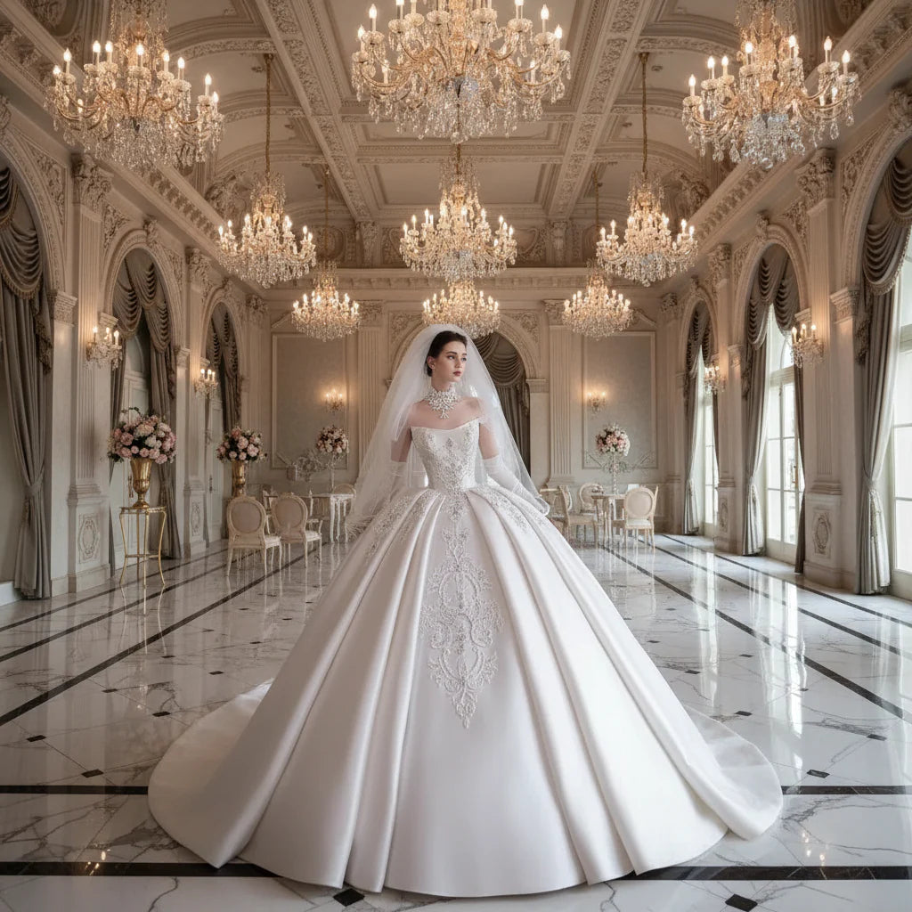 Strapless Luxurious Satin Wedding Bridal Dress Beaded Embroidery Trailing Customized