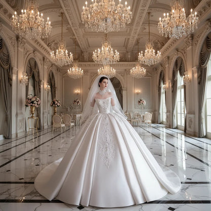 Strapless Luxurious Satin Wedding Bridal Dress Beaded Embroidery Trailing Customized