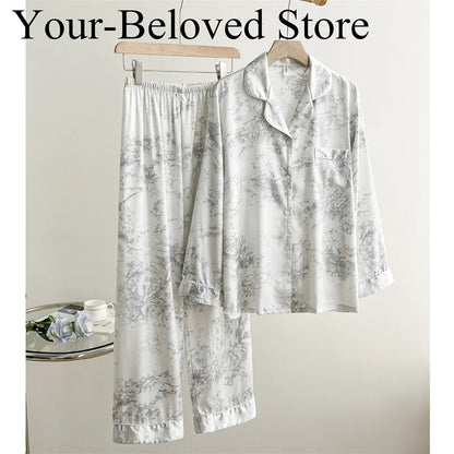 Red Sexy Pajamas Set Lapel Shirt & Pants for Lady Summer Spring 2Pcs Nightwear