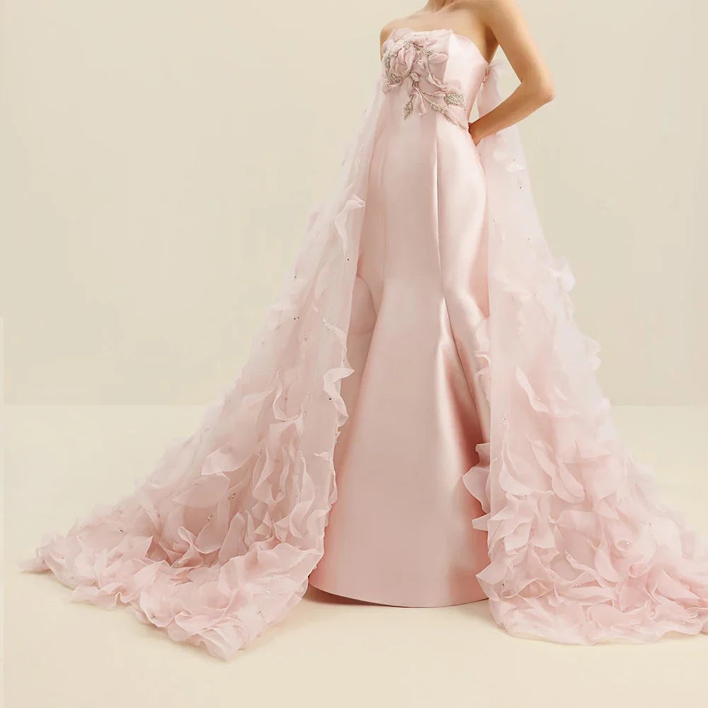 Customized Exquisite Pink Satin Lace Sequined Evening Mermaid Dress Back Strapless Sleeveless Train Prom Gown
