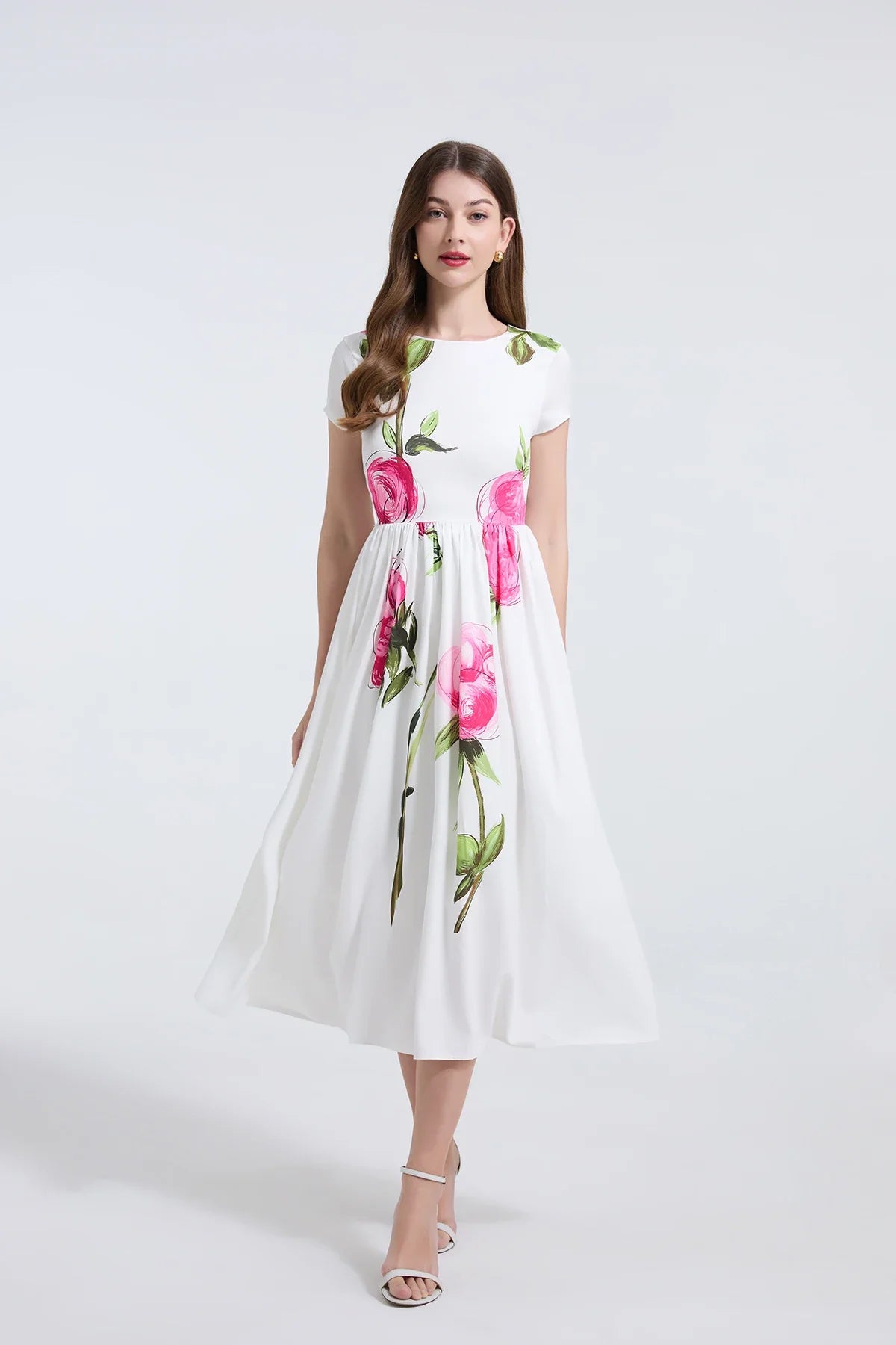 Summer French Women's Retro Pink Flower Waist Cinching Slimming Big Swing Dress Elegant Anti-aging Short Sleeved Skirt