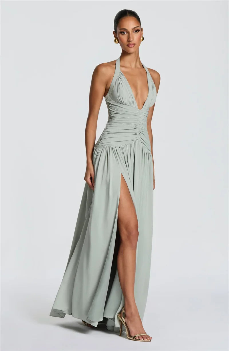 Elegant Halter Deep V Neck Sexy Maxi Women Dress Off-shoulder Sleeveless