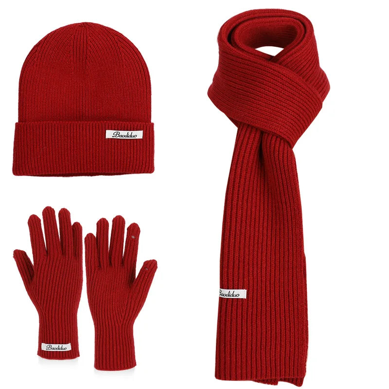 Winter Warm Knitted Hat Scarf Gloves Women's Windproof Three-piece Set
