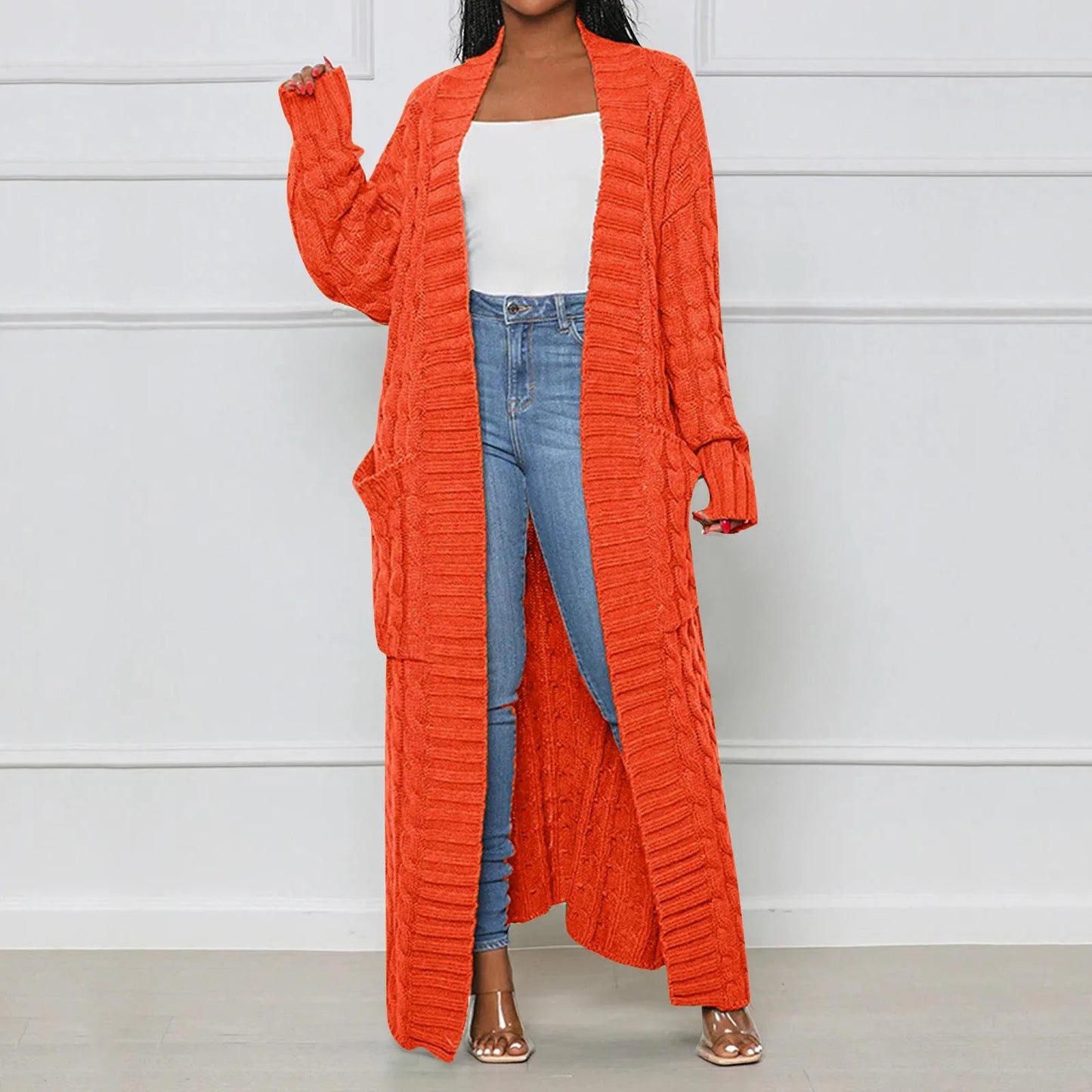 Women's Elegant Wool Ankle Length Knit Cardigan Open Front Long Sleeve Pocket Sweater
