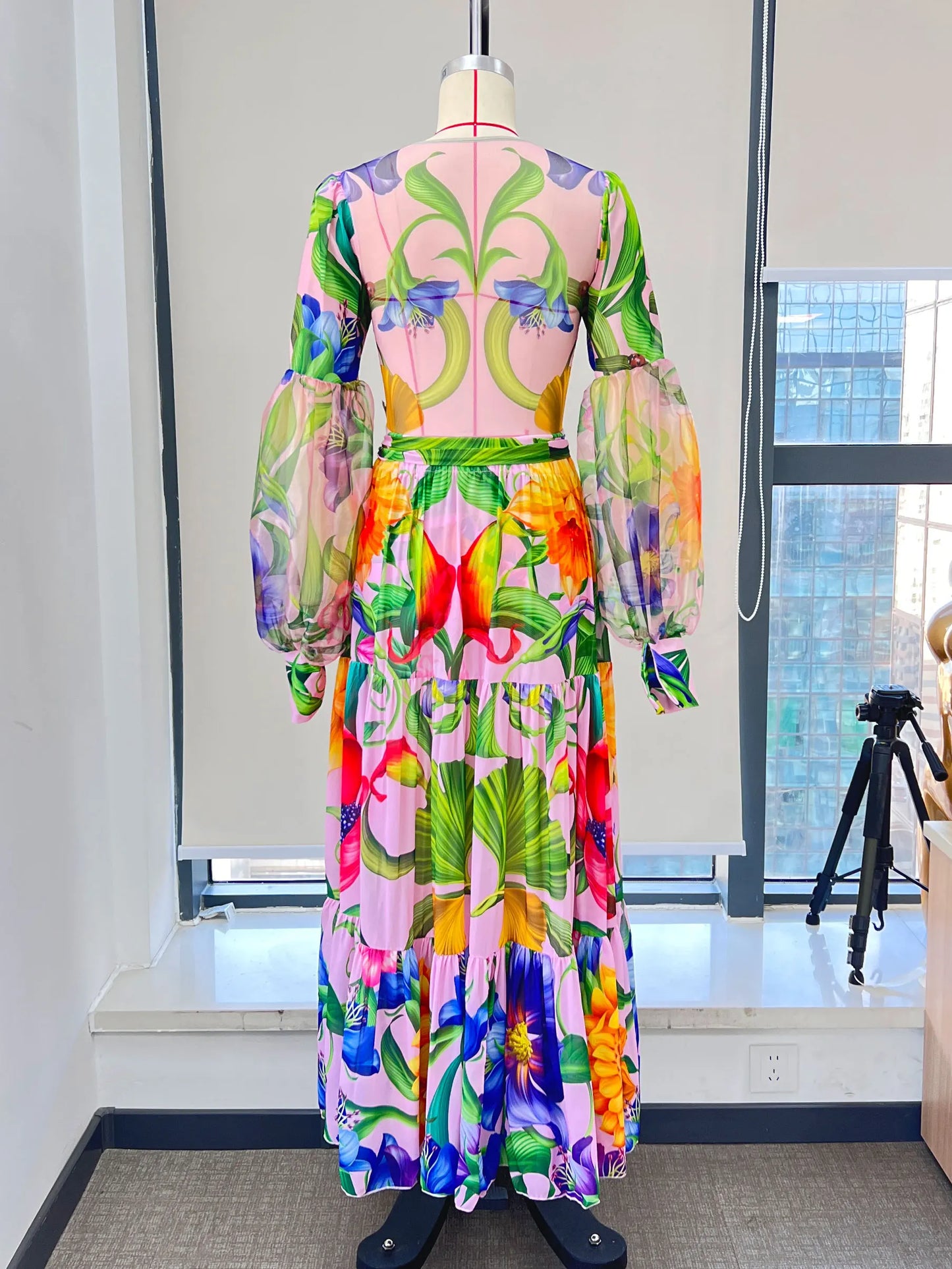 Swimwear 2PC Cover-up Swimsuit Ruffle Printed Deep V One-piece Kimono Bikini Suit