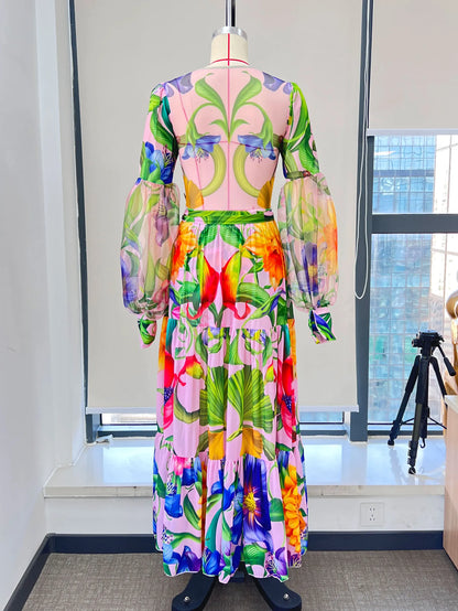 Swimwear 2PC Cover-up Swimsuit Ruffle Printed Deep V One-piece Kimono Bikini Suit