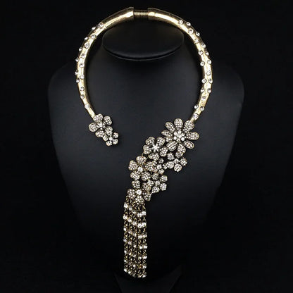 Baroque Open Choker Necklace Women Layered Crystal Tassel Large Collar Necklace Jewelry