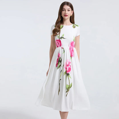 Summer French Women's Retro Pink Flower Waist Cinching Slimming Big Swing Dress Elegant Anti-aging Short Sleeved Skirt