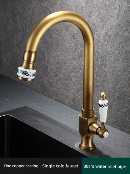 Retro Copper Antique Kitchen Faucet Hot and Cold Wash Basin Sink Pull-out Rotate