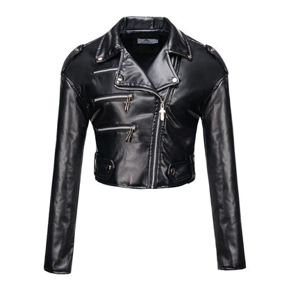 Women slim short PU leather jacket plus cotton high waist long sleeve lapel