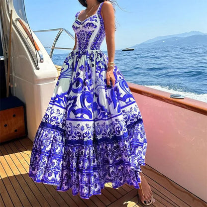 Elegant Summer Bohemian Sling Print Sleeveless A-line Long Dress