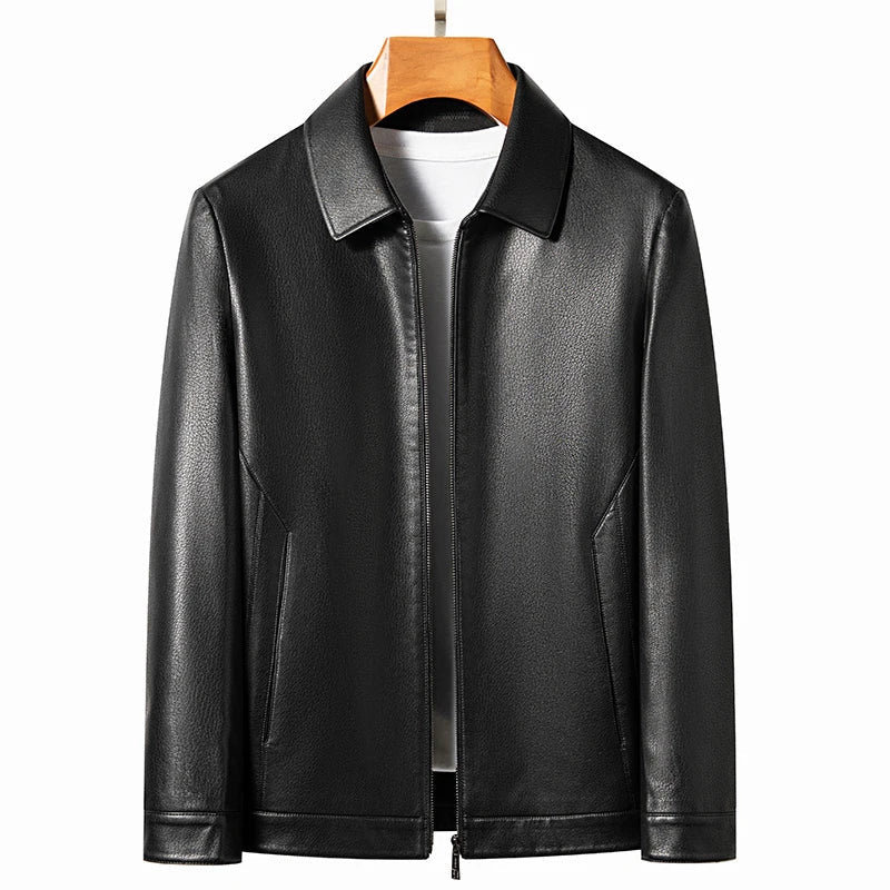 Men's Genuine Leather Polo Mock Neck Jacket Slim Sheepskin Coat Spring and Autumn