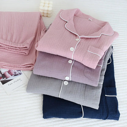 Spring and Autumn Couple Pajamas Set 100%Cotton Crepe Long Sleeve Pants Two Piece Men's and Women's Large Size