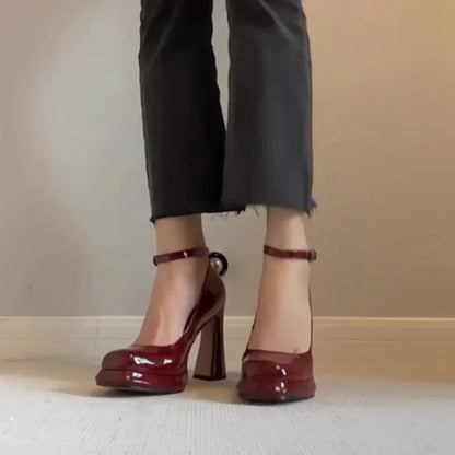 Women's Fashion Square Toe Shallow Mouth One-buckle Platform Block Heel Red Single Shoes High-heeled Mary Jane Shoes