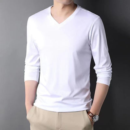 Men Thin Solid Cotton T-shirt Long Sleeve V-Neck Thin
