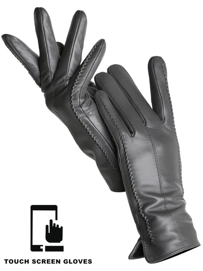 Women's Leather winter warm gloves with velvet thin touch screen