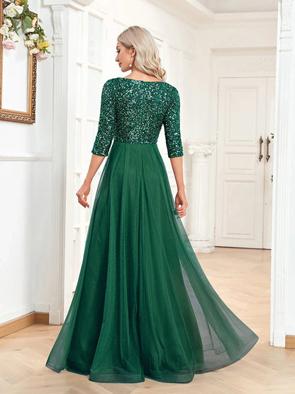 Luxury Floor Length V-Neck Evening Dress Party Maxi Dress Sequin Short Sleeves Prom Cocktail Gown