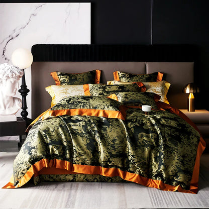 4/6Pcs Luxury Beige Gold Brocade Jacquard Egyptian Cotton Bedding Set Duvet Cover Flat/Fitted Bed Sheet Pillowcases