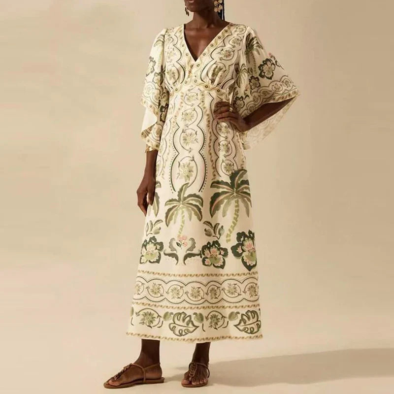 Summer Tropical Plant V-Neck Bohe Elegant Half Sleeve Loose Party Dress A-line