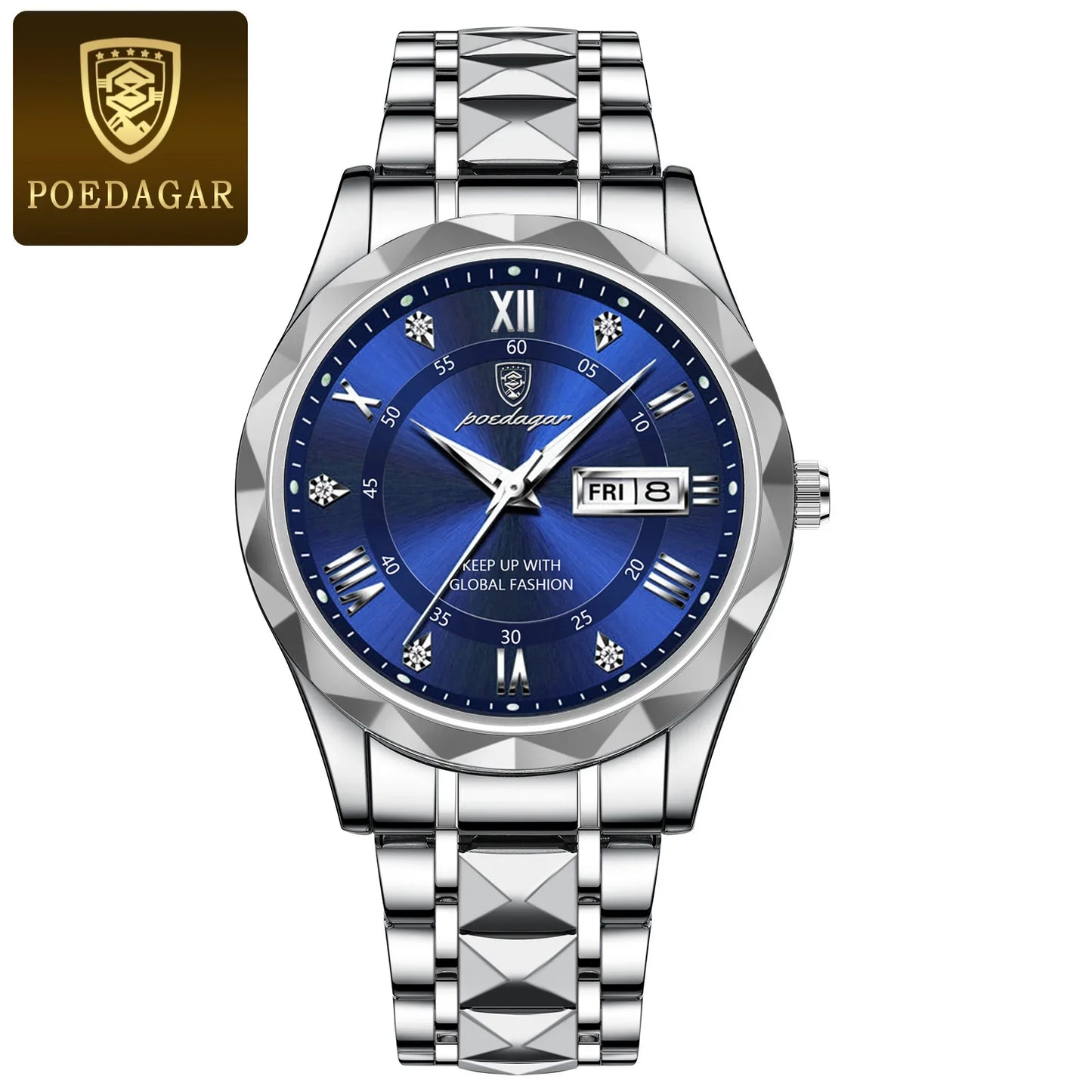 POEDAGAR Top Brand Luxury Men's Waterproof Stainless Steel Quartz Watch Luminous Calendar Week