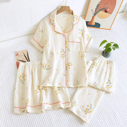 Summer women's cotton crepe three-piece short sleeve + shorts + trousers large size simple flower pajamas