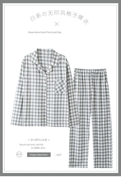 Cotton Couple Pajamas for Men and Women Spring and Autumn Pure Cotton Thin Plaid Long Sleeves Plus Size Outerwear