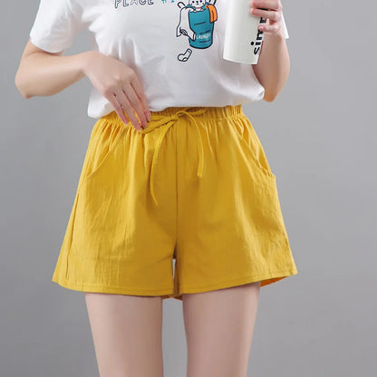 Women Summer Shorts Korean Wide Leg Casual Solid Drawstring Elastic Waist Cotton