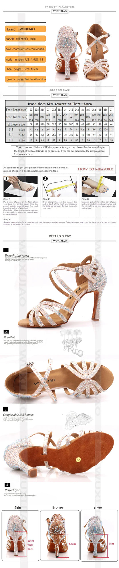 Ballroom Diamond Latin Dance Soft Sole Shoes Silver Bronze Skin color