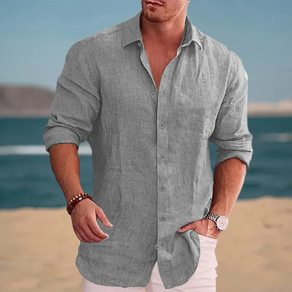 Autumn Men's Long Sleeve Shirt Cotton Linen Breathable Solid Color Casual Style Plus Size