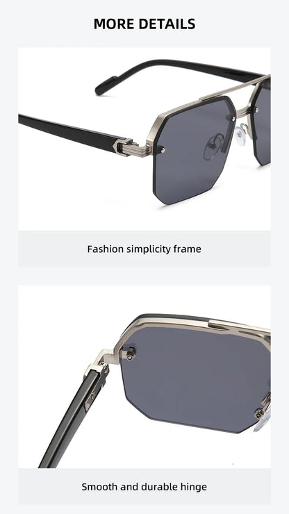 Trendy Aviator Sunglasses for Mens Womens Retro Double Bridge Metal Driving UV400 Outdoor Eyewear Semi-Rimless Lentes De Sol