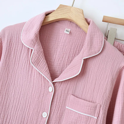 Spring and Autumn Couple Pajamas Set 100%Cotton Crepe Long Sleeve Pants Two Piece Men's and Women's Large Size