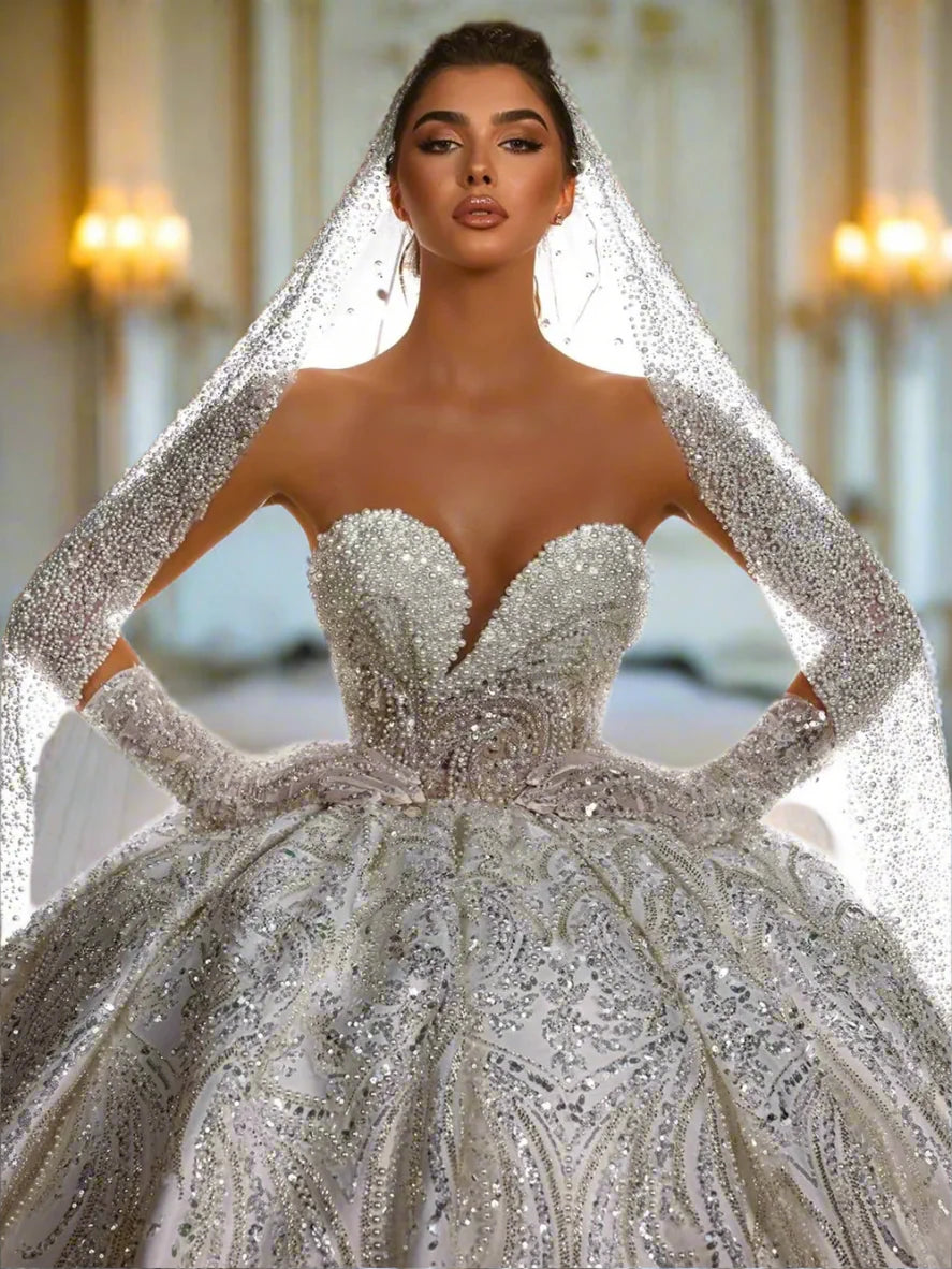 Classical Sweetheart Neck Pearl Bridal Ball Gown Sparkling Strapless Floor-length Customized