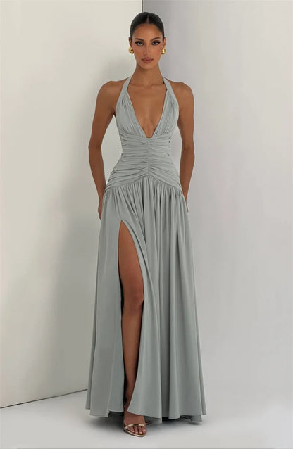 Elegant Halter Deep V Neck Sexy Maxi Women Dress Off-shoulder Sleeveless