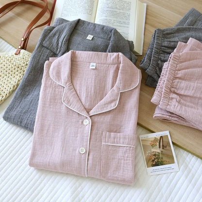 Men/Women Spring and Autumn Pajama Set 100% Cotton Gauze Jacquard Long Sleeve Checkered Two Piece Set