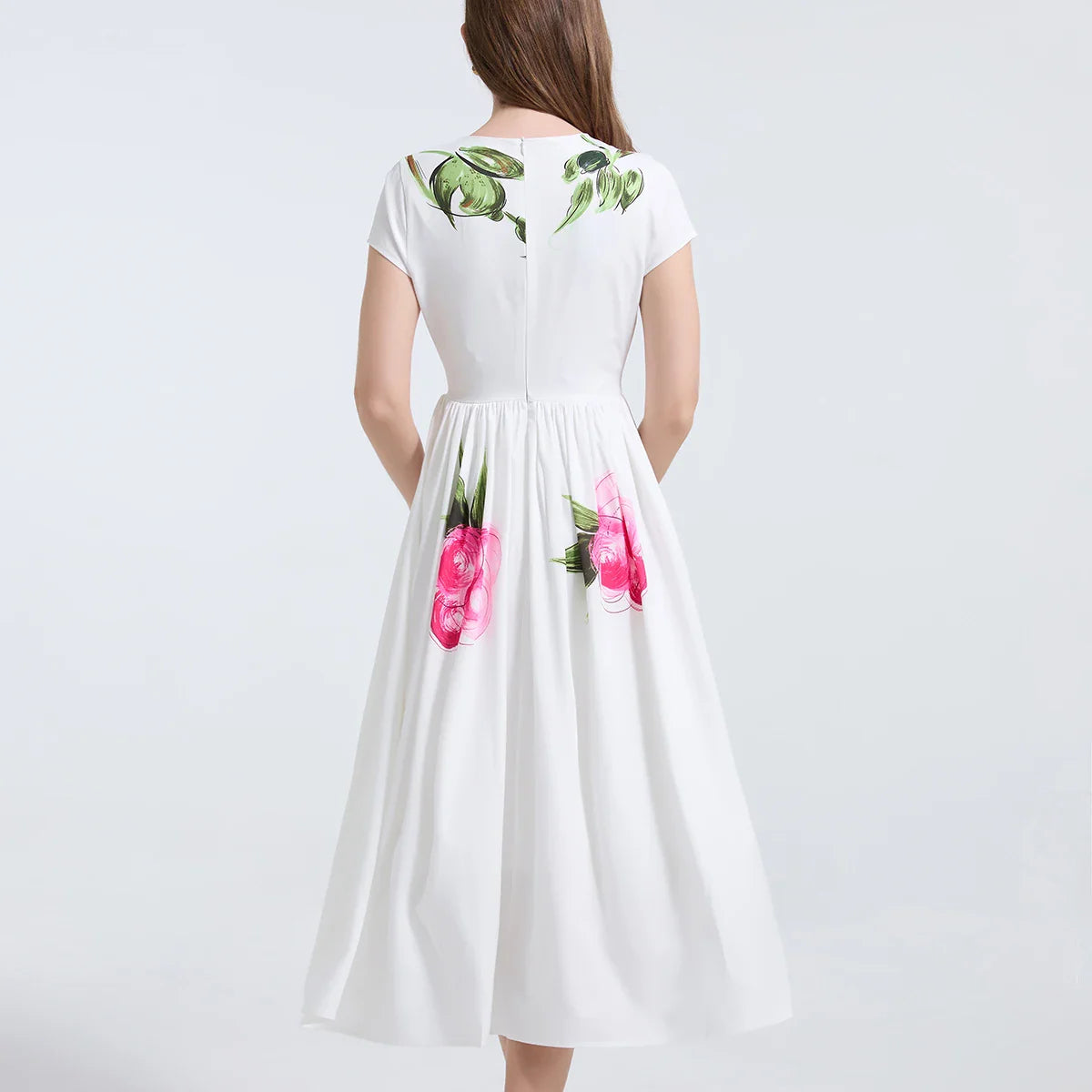 Summer French Women's Retro Pink Flower Waist Cinching Slimming Big Swing Dress Elegant Anti-aging Short Sleeved Skirt
