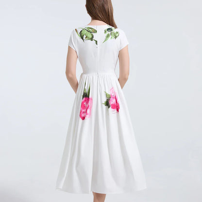 Summer French Women's Retro Pink Flower Waist Cinching Slimming Big Swing Dress Elegant Anti-aging Short Sleeved Skirt
