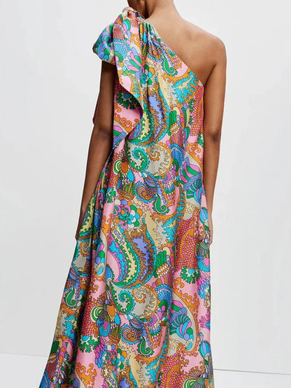 Summer Satin One-piece Robes Fashion Pattern Printed Skew Collar Halter Dress Elegant Off Shoulder Pleated Party Dress