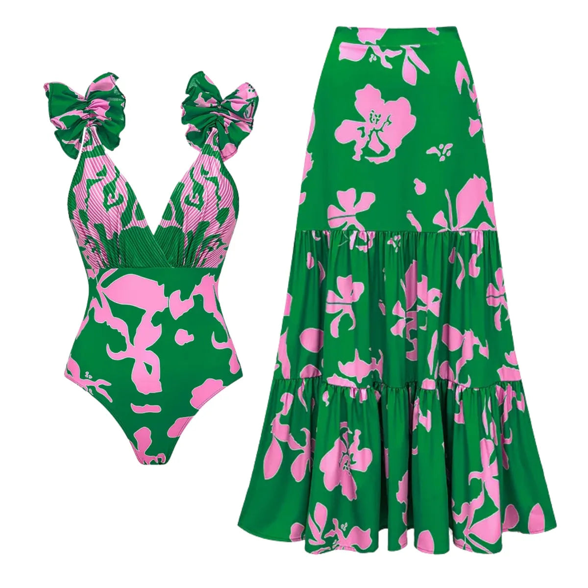 Swimwear 2PC Cover-up Swimsuit Ruffle Printed Deep V One-piece Kimono Bikini Suit