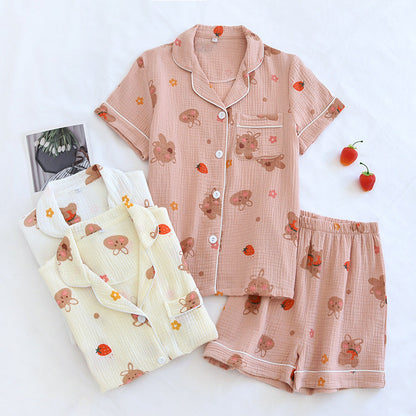 Summer pajamas short-sleeved shorts two-piece cotton crepe