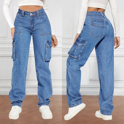 American Retro Mid-waist Multi-pocket Cargo Pants Jeans
