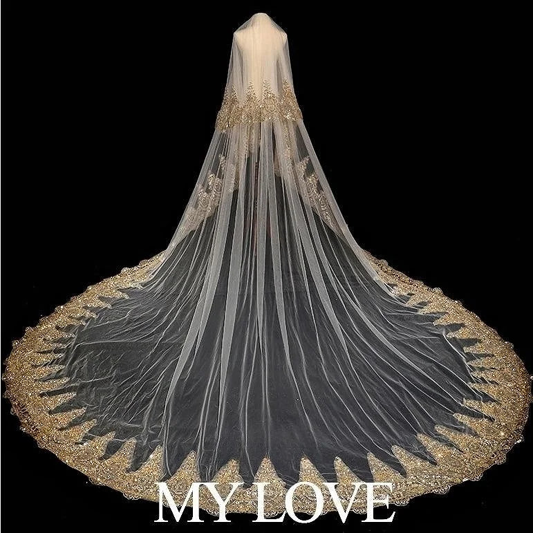 Luxurious Bridal Veil Applique Sequins Golden With Comb Cathedral Two-Layer 3.8Meters