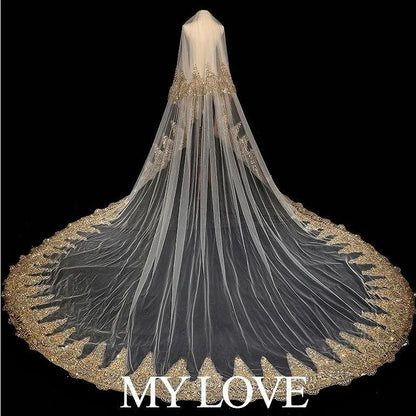 Luxurious Bridal Veil Applique Sequins Golden With Comb Cathedral Two-Layer 3.8Meters