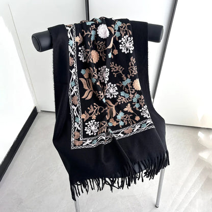 Many Colors Floral Warm Scarf For Women 70*210cm Luxury Faux Cashmere Shawl Winter Thick Pashmina Tassels Poncho Elegant Wrap