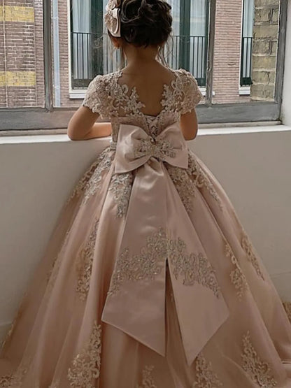 Flower Girl Princess Dresses for Wedding Pageant With Bow-knot Beaded Appliques Long Train Party Gowns