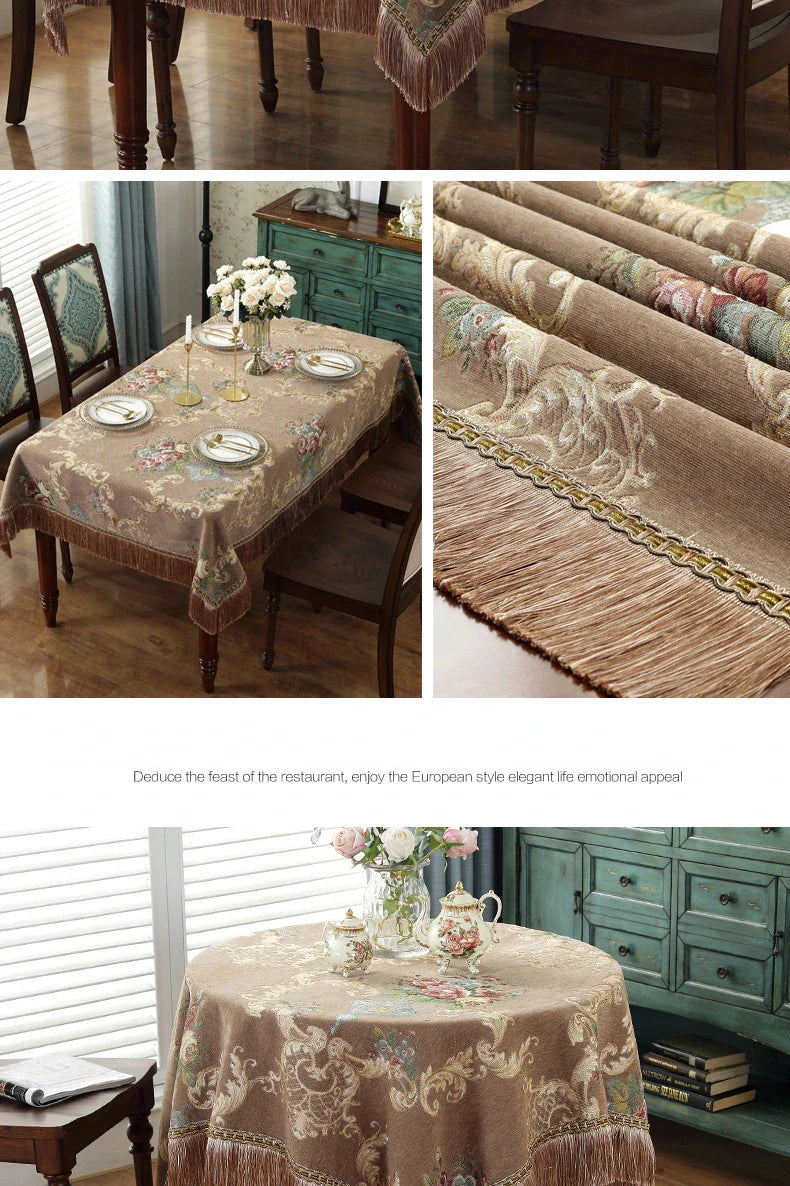 European Style Flower Tassel Tablecloth Thicken Chenille Rectangular Table Cover Round Dining Table Coffee Cloth Dust-proof
